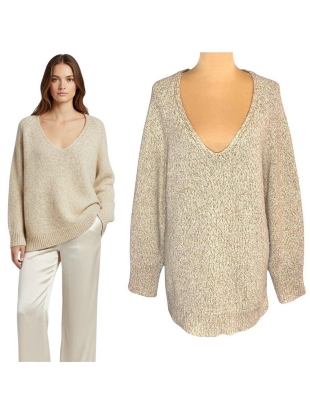 Massimo Dutti Alpaca Blend Sweater Sz L Cream Gold Thread V-Neck Metallic Chic